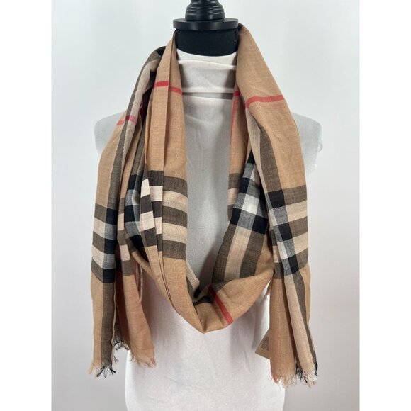 Burberry Beige Check Wool and Silk Scarf Made In Italy Soft & Lightweight - Picture 7 of 10